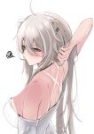  1girl ahoge animal_ears back bare_shoulders black_choker blush breasts choker earclip from_behind grey_eyes grey_hair hair_between_eyes highres holding_own_hair hololive large_breasts lion_ears lion_girl long_hair looking_at_viewer messy_hair nerorigogo shirt shishiro_botan sideboob simple_background solo sweat t-shirt upper_body white_background white_shirt 