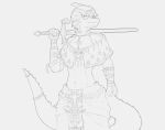  2023 anthro badfidhell benjamin_mcknight clothed clothing cosplay dinosaur eyewear fingers glasses hadrosaurid hair hi_res i_wani_hug_that_gator long_tail male melee_weapon monochrome navel nintendo ornithischian parasaurolophus reptile scalie short_hair skimpy snout solo spikes spikes_(anatomy) sword tail tears_of_the_kingdom the_legend_of_zelda weapon 