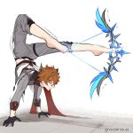  1boy archery artist_name barefoot black_gloves blue_eyes bow_(weapon) feet genshin_impact gloves grey_pants hair_between_eyes handstand holding_with_feet long_sleeves male_focus midriff orange_hair pants red_scarf scarf short_hair tartaglia_(genshin_impact) voidamoura weapon 