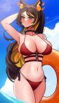  1girl absurdres animal_ears arm_behind_head arm_up bikini blonde_hair blue_sky blush breasts brown_eyes brown_hair cleavage cloud highres holding holding_innertube indie_virtual_youtuber innertube jake_pascoe large_breasts long_hair looking_at_viewer multicolored_hair navel red_bikini sinder_(vtuber) sky smile solo streaked_hair swimsuit virtual_youtuber wading water wolf_ears wolf_girl 