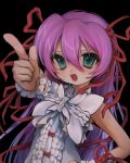  1girl al_azif aqua_eyes black_background blush center_frills commentary_request demonbane dress frills hair_ribbon highres long_hair open_mouth pointing purple_hair red_ribbon ribbon simple_background sleeveless sleeveless_dress smile solo uee_m upper_body white_dress wrist_cuffs wrist_ribbon 