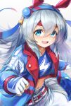  1girl animal_ears blue_eyes blue_jacket clenched_hands commentary crop_top fangs fingerless_gloves gloves grey_hair hair_between_eyes hairband headband highres horse_ears horse_girl horse_tail jacket lightning_bolt_symbol long_hair looking_at_viewer midriff navel nihudau open_clothes open_jacket open_mouth pants smile solo tail tamamo_cross_(umamusume) umamusume upper_body v-shaped_eyebrows white_gloves white_pants 