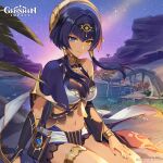  1girl absurdres bare_shoulders blue_eyes blue_hair breasts candace_(genshin_impact) cleavage dark-skinned_female dark_skin egyptian_clothes eye_of_horus genshin_impact hair_ornament hairband heterochromia highres jewelry long_hair looking_at_viewer navel night night_sky official_art outdoors short_hair_with_long_locks sidelocks sitting sky smile solo star_(sky) starry_sky stomach thighs yellow_eyes yu-ri 