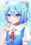  1girl ? absurdres blue_background blue_bow blue_dress blue_eyes blush bow cirno closed_mouth dress flat_chest hair_between_eyes hair_bow hand_up highres holding holding_popsicle holding_stick ice ice_wings popsicle_stick pudding_modoki puffy_short_sleeves puffy_sleeves red_ribbon ribbon serious short_sleeves simple_background solo stick touhou upper_body wing_collar wings 