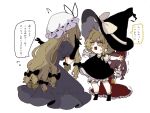  3girls aged_down blonde_hair bow braid brown_hair chantarou crying detached_sleeves dress gloves hair_bow hair_tubes hakurei_reimu hat highres kirisame_marisa long_hair mob_cap multiple_girls open_mouth red_bow red_eyes ribbon short_hair single_braid touhou translation_request witch_hat yakumo_yukari yellow_eyes 