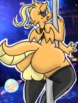  4_fingers antennae_(anatomy) anthro balls black_eyes clothing dragonite fingers generation_1_pokemon genitals happy legwear lewdchuu_(artist) male nintendo orange_body pokemon pokemon_(species) shirt solo stockings tail topwear tube wings 