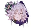  1boy fate/grand_order fate_(series) flower hair_between_eyes highres long_hair male_focus merlin_(fate) purple_eyes purple_flower simple_background smile solo syusyaku upper_body white_background white_hair 