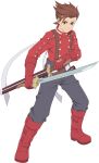  1boy boots buttons dual_wielding english_commentary full_body highres holding holding_sword holding_weapon lloyd_irving long_sleeves looking_at_viewer male_focus multiple_swords official_art pants red_footwear smile solo spiked_hair suspenders sword tales_of_(series) tales_of_asteria tales_of_symphonia transparent_background weapon 