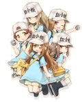  5girls bag baseball_cap black_footwear blue_shirt boots braid brown_eyes brown_hair brown_shorts child female_child flag hat hataraku_saibou highres holding holding_flag kareya long_hair multiple_girls one_eye_closed open_mouth platelet_(hataraku_saibou) shirt short_hair short_sleeves shorts smile whistle white_headwear 