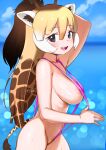  1girl absurdres animal_ears areola_slip bikini blonde_hair blush breasts brown_hair covered_nipples giraffe_ears giraffe_girl giraffe_horns giraffe_print giraffe_tail groin highres horns kemono_friends kemono_friends_3 large_breasts long_hair looking_at_viewer masuyama_ryou micro_bikini multicolored_hair navel one-piece_swimsuit open_mouth partially_visible_vulva pink_one-piece_swimsuit reticulated_giraffe_(kemono_friends) slingshot_swimsuit smile swimsuit tail white_hair 