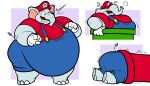  2023 anthro belly big_belly blush bodily_fluids butt clothing elephant elephant_mario elephantid floofyboyetime hi_res male mammal mario mario_bros moobs nintendo overalls overweight overweight_male proboscidean proboscis_(anatomy) solo stuck stuck_in_pipe super_mario_bros_wonder sweat tail trunk_(anatomy) 