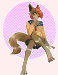  anthro bottomwear brown_body brown_fur canid canine canis claws clothed clothing digital_media_(artwork) female fur hair hi_res looking_at_viewer mammal pallid-panda panties sfw simple_background skirt solo tail underwear wolf 