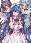  1boy 2girls absurdres apron blue_hair blush closed_eyes commentary_request dizzy_(guilty_gear) frilled_apron frills guilty_gear hair_between_eyes hair_ribbon hair_rings heart heart_hands highres ktknpdy long_hair long_sleeves maid maid_apron multiple_girls necro_(guilty_gear) open_mouth ribbon sidelocks simple_background smile undine_(guilty_gear) white_background wide-eyed wrist_cuffs yellow_ribbon 