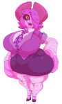  &lt;3 &lt;3_eyes absurd_res beepunz big_breasts big_butt big_hands black_sclera breasts bubblemummy butt clothing female hi_res horn horned_humanoid huge_breasts huge_butt huge_thighs humanoid looking_at_viewer one_eye_obstructed open_mouth pink_body pink_eyes sharp_teeth simple_background smile solo teeth thick_thighs wide_hips 