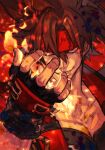  1boy black_gloves brown_hair collarbone english_text fingerless_gloves fire flame gloves grin guilty_gear guilty_gear_strive hair_between_eyes hungry_clicker long_hair looking_at_viewer male_focus outstretched_arm ponytail red_background red_eyes simple_background smile sol_badguy solo upper_body 