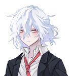  1boy anoko_(darenokoanoko) black_jacket boku_no_hero_academia collared_shirt highres jacket looking_at_viewer male_focus medium_hair necktie red_eyes red_necktie scar scar_on_face shigaraki_tomura shirt simple_background solo suit_jacket white_background white_hair white_shirt wrinkled_skin 