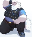  2023 anthro belly big_belly black_nose bottomwear canid canine canis clothing domestic_dog hi_res kemono lifewonders live_a_hero male mammal noctnoc overweight overweight_male pants shirt simple_background solo topwear white_background white_body yohack 