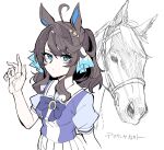  1girl ahoge animal_ears blue_eyes bow bowtie bridle brown_hair character_name commentary creature_and_personification daring_tact_(racehorse) daring_tact_(umamusume) hair_ornament highres horse horse_ears horse_girl looking_at_viewer pleated_skirt puffy_short_sleeves puffy_sleeves purple_bow purple_bowtie purple_shirt real_life sailor_collar sailor_shirt school_uniform shirt short_sleeves sidelocks simple_background sketch skirt star_(symbol) star_hair_ornament summer_uniform takatsuki_nato tracen_school_uniform translated umamusume upper_body wavy_hair white_background white_sailor_collar white_skirt 