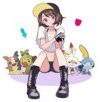  1girl alternate_costume baseball_cap black_gloves black_headwear boots brown_eyes brown_hair collarbone commentary eyelashes fingerless_gloves gloria_(pokemon) gloves grookey hat head_tilt highres kana_(kanna_runa0620) looking_at_viewer morpeko morpeko_(full) navel parted_lips pokemon pokemon_(creature) pokemon_(game) pokemon_swsh scorbunny shirt short_hair short_shorts shorts sitting sobble starter_pokemon_trio symbol-only_commentary white_background white_shirt 