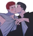  bishounen black_eyes black_hair black_jacket blush clothes_grab couple eye_contact face-to-face highres jacket kiss llll_100 looking_at_another male_focus mito_youhei open_mouth pompadour profile red_hair sakuragi_hanamichi shirt_grab short_hair simple_background slam_dunk_(series) sweatdrop tank_top upper_body white_background white_tank_top yaoi 