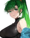  1girl bare_shoulders black_shirt breasts close-up earrings english_commentary fire_emblem fire_emblem:_the_blazing_blade green_eyes green_hair high_ponytail jewelry large_breasts looking_at_viewer lyn_(fire_emblem) ormille ponytail pout shirt sideboob smile solo sweat upper_body white_background 