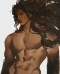  1boy abs bare_pectorals bare_shoulders battle_tendency brown_hair feathered_wings floating_hair from_side highres jojo_no_kimyou_na_bouken kars_(jojo) long_hair looking_to_the_side male_focus muscular muscular_male nipples parted_lips pectorals realistic simple_background solo topless_male upper_body wavy_hair white_background wings xiaoqisevenner 