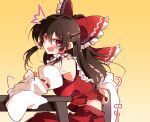  1girl ^^^ bare_shoulders black_hair blush bow breasts commentary_request detached_sleeves frilled_bow frilled_hair_tubes frills hair_between_eyes hair_bow hair_tubes hakurei_reimu highres ichimura_kanata large_breasts leaning_forward long_hair long_sleeves looking_at_viewer looking_back motion_lines nontraditional_miko notice_lines open_mouth red_bow red_eyes red_vest simple_background sitting solo surprised sweatdrop touhou upper_body vest wide_sleeves yellow_background 
