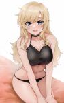  1girl bikini black_bikini black_choker blonde_hair blue_eyes blush breasts choker cleavage collarbone hands_on_own_thighs highres idolmaster idolmaster_cinderella_girls lamp_p9 large_breasts long_hair looking_at_viewer navel ohtsuki_yui sitting smile solo swimsuit very_long_hair 