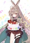  ahoge asymmetrical_legwear birthday_cake brown_capelet brown_cloak brown_eyes brown_hair cake cape capelet cloak crossed_bangs english_text feathers flower food friend_(nanashi_mumei) hair_ornament hairclip happy_birthday hieroglyphics highres holding holding_cake holding_food hololive hololive_english hootsie_(nanashi_mumei) looking_at_viewer megts0331 miniskirt multicolored_hair nanashi_mumei nanashi_mumei_(1st_costume) pleated_skirt red_skirt ribbon runes shirt single_thighhigh skirt smile streaked_hair streamers thighhighs virtual_youtuber white_shirt 