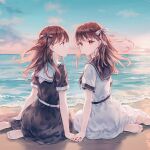  2girls arm_support barefoot beach belt black_belt black_bow black_sailor_collar black_skirt blue_sky bow brown_hair feet foot_out_of_frame from_behind gradient_sky hair_bow highres hiten_(hitenkei) holding_hands long_hair looking_at_another looking_at_viewer looking_back looking_to_the_side multiple_girls ocean on_ground original outdoors parted_lips pink_sky sailor_collar sand school_uniform short_sleeves sitting skirt sky soles striped striped_bow sunset toes white_belt white_bow white_sailor_collar white_skirt yokozuwari 