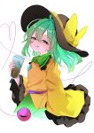  1girl absurdres black_headwear bow cola cup from_side glass green_eyes green_hair green_skirt highres holding holding_cup ice ice_cube jacket komeiji_koishi koroyarou long_hair looking_at_viewer sketch skirt smile solo touhou yellow_bow yellow_jacket 