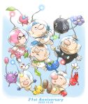  1girl 5boys :o absurdres alph_(pikmin) anniversary aogaeru_(pixiv46613656) badge big_nose blonde_hair blue_background blue_gloves blue_hair brittany_(pikmin) brown_hair charlie_(pikmin) closed_eyes closed_mouth commentary_request dated facial_hair flower freckles glasses gloves green_gloves helmet highres jitome leaf louie_(pikmin) multiple_boys mustache olimar open_mouth pikmin pikmin_(creature) pikmin_(series) pink-framed_eyewear pink_flower pink_gloves pink_hair pointy_ears president_(pikmin) purple_flower radio_antenna red_gloves short_hair simple_background space_helmet spacesuit star_(symbol) whistle white_background white_flower white_gloves 