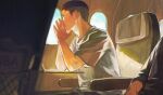 1boy airplane_interior black_eyes black_hair buzz_cut cyanpears hands_on_own_face highres looking_outside male_focus own_hands_clasped own_hands_together sawakita_eiji shirt short_hair sitting slam_dunk_(series) solo sunlight undercut upper_body very_short_hair white_shirt window 