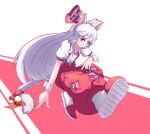  1girl absurdres animal_ears bell bow cat_ears cat_tail closed_mouth collared_shirt commentary fujiwara_no_mokou full_body hair_bow highres long_hair looking_at_viewer ofuda ofuda_on_clothes pants red_background red_eyes red_footwear red_pants shirt short_sleeves solo suspenders tail tail_bell tail_ornament teeramet touhou white_background white_hair white_shirt 
