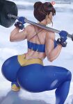  1girl araneesama ass back barbell bare_shoulders black_gloves blue_pants blue_sports_bra bracelet breasts brown_hair chun-li double_bun exercise fingerless_gloves gloves hair_bun hair_ribbon highres jewelry large_breasts medium_hair pants ribbon solo spiked_bracelet spikes sports_bra squatting street_fighter thick_thighs thighs tight tight_pants yellow_ribbon yoga_pants 