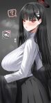  1girl ? black_hair black_skirt blue_archive blush breasts flying_sweatdrops halo highres horn/wood large_breasts long_hair looking_at_viewer pleated_skirt red_eyes ribbed_sweater rio_(blue_archive) shirt_tucked_in simple_background skirt solo spoken_expression spoken_question_mark steam straight_hair sweatdrop sweater taut_clothes very_long_hair white_sweater 