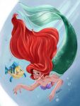  1girl absurdres air_bubble ariel_(disney) blue_eyes blush bubble fish flounder_(the_little_mermaid) highres long_hair looking_at_viewer mermaid monster_girl msalexsa red_hair shell shell_bikini signature the_little_mermaid underwater watermark 