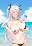  1girl ;q absurdres ahoge azur_lane bikini bikini_pull black_bikini black_choker blue_sky bottle bow breasts choker clothes_pull cloud collarbone commentary_request day hair_bow highres holding holding_bottle large_breasts long_hair mole mole_on_breast multicolored_hair navel nipple_slip nipples one_eye_closed orange_eyes outdoors prinz_eugen_(azur_lane) prinz_eugen_(unfading_smile)_(azur_lane) pulled_by_self skindentation sky solo stomach strap_pull streaked_hair swimsuit tongue tongue_out two_side_up very_long_hair water_bottle white_hair xiaoxiao_de_kuangsan 