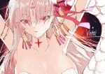  1girl animal armlet armpits arms_up bare_shoulders body_markings breasts cleavage collarbone durga_(fate) earrings facial_mark fate/grand_order fate_(series) forehead_mark grey_hair hair_ribbon highres jewelry kimidorix32 large_breasts long_hair looking_at_viewer oversized_animal parted_lips red_eyes ribbon snake solo very_long_hair 