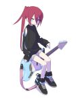  1girl aqua_eyes black_footwear black_shirt clothing_cutout electric_guitar full_body grey_shorts guitar highres instrument long_hair long_sleeves looking_at_viewer original parted_lips ponytail red_hair shirt shoes short_shorts shorts shoulder_cutout side_ponytail simple_background sitting sleeves_past_wrists snowgun solo very_long_hair white_background 