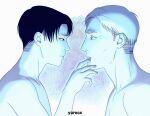  2boys black_hair blue_theme erwin_smith finger_to_another&#039;s_mouth from_side furrowed_brow half-closed_eyes highres levi_(shingeki_no_kyojin) male_focus monochrome multiple_boys nude profile shingeki_no_kyojin short_hair skinny thick_eyebrows upper_body yaoi yuroox 