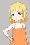  1girl bare_shoulders blonde_hair blunt_bangs brown_eyes closed_mouth collarbone commentary_request dress grey_background hand_on_own_hip highres katsuwo_(cr66g) kise_saki looking_at_viewer medium_hair mitsuboshi_colors orange_dress simple_background sleeveless sleeveless_dress solo upper_body 