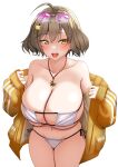  1girl absurdres ahoge aizawa_u-ji anis_(nikke) bikini blush breasts brown_hair collarbone eyewear_on_head goddess_of_victory:_nikke highres huge_breasts jacket jewelry large_breasts looking_at_viewer navel necklace open_clothes open_jacket short_hair side-tie_bikini_bottom simple_background smile solo sunglasses swimsuit thighs white_background white_bikini yellow_eyes 