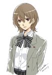  1girl akechi_gorou belt bow bowtie brown_hair coat collared_shirt dated ear_piercing genderswap genderswap_(mtf) grey_coat hair_between_eyes looking_at_viewer open_clothes open_coat parted_lips persona persona_5 piercing red_eyes shirt short_hair signature simple_background solo upper_body werkbau white_background white_shirt 