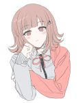  1girl :i blush collared_shirt cropped_torso danganronpa_(series) danganronpa_2:_goodbye_despair dress_shirt flipped_hair galaga hair_ornament hand_up highres jacket long_sleeves looking_at_viewer medium_hair nanami_chiaki neck_ribbon pink_eyes ribbon shirt simple_background solo two-tone_shirt vo1ez white_background white_shirt 