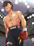  1boy abs black_shorts boxer boxing_gloves brown_hair hajime_no_ippo highres looking_afar male_focus muscular muscular_male okntr sendou_takeshi shorts solo sweat topless_male 
