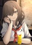  1girl :3 aged_up black_sailor_collar breast_pocket brown_eyes brown_hair cup drink drinking_glass hand_on_own_face ikazuchi_(kancolle) kantai_collection long_sleeves neckerchief omatu_tea_time pen pocket red_neckerchief sailor_collar school_uniform serafuku short_hair smile solo 