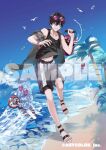  1boy beach belt bird black_hair black_jacket black_tank_top blue_belt bucket cloud copyright creature day eyewear_on_head full_body grin hair_between_eyes holding holding_bucket jacket jammers kunimitsu_(9nimi2) looking_at_viewer male_focus male_swimwear midriff_peek nijisanji ocean off_shoulder official_art outdoors palm_tree purple-tinted_eyewear purple_eyes purple_shorts round_eyewear saiki_ittetsu sample_watermark sandals seagull short_hair shorts sleeveless sleeveless_jacket smile solo standing sunglasses surfboard tank_top tinted_eyewear tree virtual_youtuber water wristband 