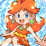  1girl blue_background blue_eyes brown_hair fish long_hair looking_at_viewer lowres mario_(series) open_mouth princess_daisy red_ribbon ribbon skmkz10 smile solo swimsuit 