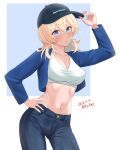  1girl alternate_costume ame-san blonde_hair blue_eyes blush breasts denim hair_between_eyes hat highres jeans kantai_collection large_breasts looking_at_viewer medium_hair navel pants peaked_cap simple_background stomach tuscaloosa_(kancolle) white_background 